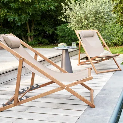 Produktbild von Set aus 2 Liegestühlen aus Eukalyptusholz taupe - Oviala Socoa