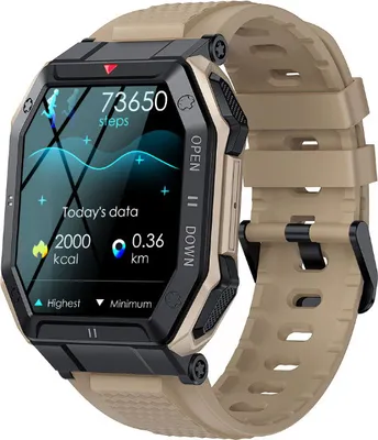 A close-up view of a smartwatch with a beige strap and a black and beige casing, displaying fitness data on its screen.
