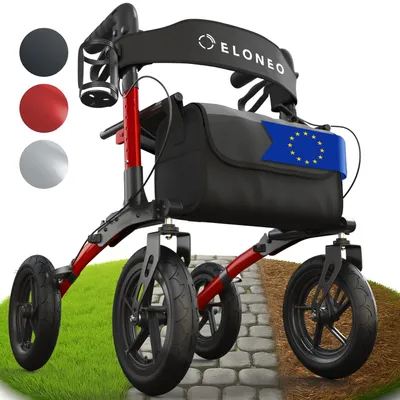 Immagine prodotto di ELONEO Rollator pieghevole con sedile, rollator per esterni con pneumatici, incl. sedile, cinghia posteriore, ausilio per la deambulazione regolabile in altezza in alluminio