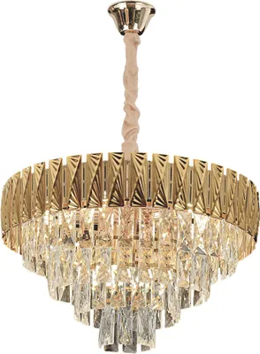 A gold and crystal chandelier hanging from a light pink cord.