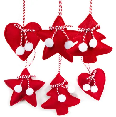 Produktbild von 6 weihnachtliche Baumanhänger - Baum Stern Herz - rot weiß aus Stoff