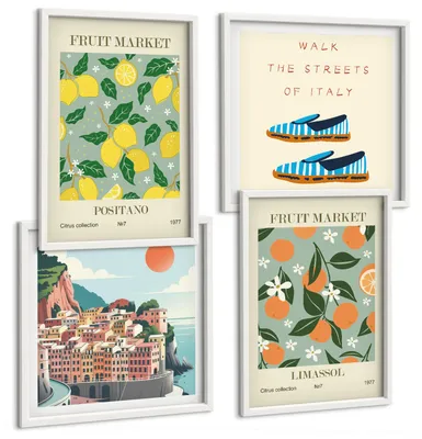 Produktbild von Bilder Set 4-teilig im Goldrahmen Rahmen – Wandbilder 4 Stück – gerahmte Poster für Wohnzimmer, Schlafzimmer und Flur – 50x50 cm - 40x60 cm – Fruchtmuster der italienischen Kultur