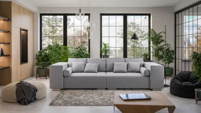 Produktbild von Big Sofa Pico mit Schlaffunktion, Boxspringfederung, Lounge Sofa mit vielen losen Kissen aus Grau Luxusmicrofaser, B/T/H: 290 cm/110/80 cm