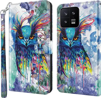 Produktbild von CLM-Tech Hülle kompatibel mit Xiaomi 13 - Tasche aus Kunstleder - Klapphülle mit Ständer und Kartenfächern, Eule bunt