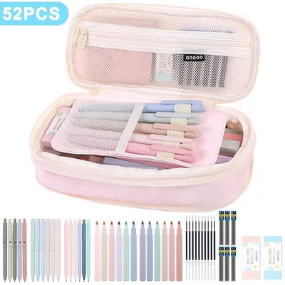 Produktbild von 52-teiliges Schrein-Set,Textmarker, Druckbleistifte (0,5/0,7), Minen, Gelstifte, Haftnotizen & Etui – ideal für Büro & Schule