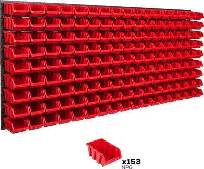 A wall-mounted storage system with many red bins, and one bin shown separately with text.