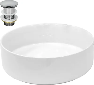 Produktbild von LuxeBath Waschbecken Aufsatzwaschbecken Rund, Ø 35,5x12 cm, Weiß, aus Keramik, inkl. Ablaufgarnitur ohne Überlauf
