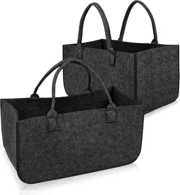 Image de ROSEJANE, 2 sacs en feutre pour bois de cheminée, panier à bois avec poignées de transport, sac en feutre pliable pour bois de cheminée, journaux et courses, 50 x 25 x 25 cm, gris foncé
