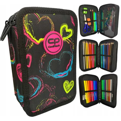 Produktbild von GOLDKIDS - Federmäppchen 3 Fächer - Mäppchen für für Mädchen und Jungen - Federmappe 3-Fach Federtasche Gefüllte Schüleretui - bunte Herzen Motiv