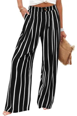 Image de ASKSA - Pantalon ample pour femmes, jambes larges, taille haute, pantalon d'été léger, style palazzo, coupe ample, pantalon de loisirs décontracté avec poches, rayures, noir, taille S