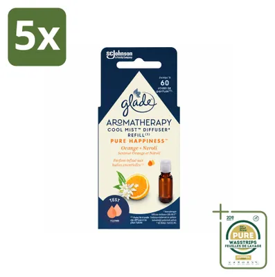 Imagen del producto de 5 unidades de recambio de aceite esencial Glade Aromatherapy, fragancia "Pure Happiness", con notas de naranja y neroli, de 17,4 ml cada uno. Paquete ahorro