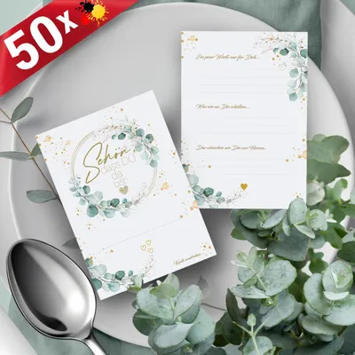 Produktbild von 50 Tischkarten Schön dass du da bist Eukalyptus, Greenery Efeu Grün-Gold Hochzeit