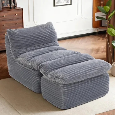 Obrázok produktu pre Relaxačné kreslo bez rámu, ktoré nevyžaduje montáž, s ergonomickým dizajnom a podnožkou, s vysokou hustotou pamäťovej peny pre optimálny komfort, ideálne do obývačky, spálne, kancelárie alebo bytu, farba: sivá