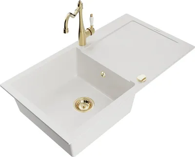 Produktbild von Mexen Leo 1 Becken-Granitspüle mit Abtropffläche und Mischbatterie Carla, Weiß - 6501-20-670700-50