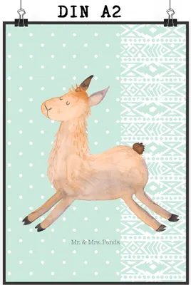 Produktbild von Mr. & Mrs. Panda Bild Lama Springen DIN A2 - Aztekenblau - Geschenk, drucke, Lamas, Freundin, wanddeko, kunstdruck poster, Guten Morgen, Plakat, Glück, Start