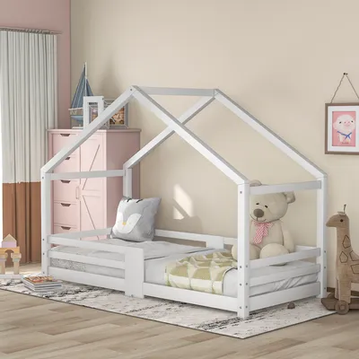 Produktbild von Sweiko Kiefer Kinderbett Hausbett 90x200cm mit Schornstein und Lattenroste Rausfallschutz, ohne Matratze - weiß