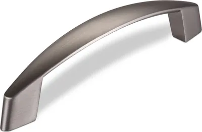 A single brushed nickel cabinet handle is shown against a white background.