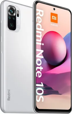 A white Xiaomi Redmi Note 10S smartphone is shown from two angles, with the screen displaying marketing graphics.