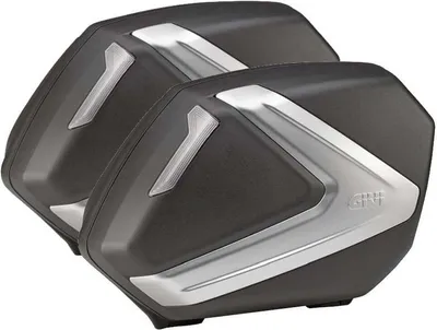 A pair of black motorcycle side cases with silver accents.