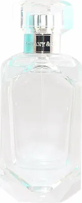 A clear glass perfume bottle with a silver cap and a light blue accent.
