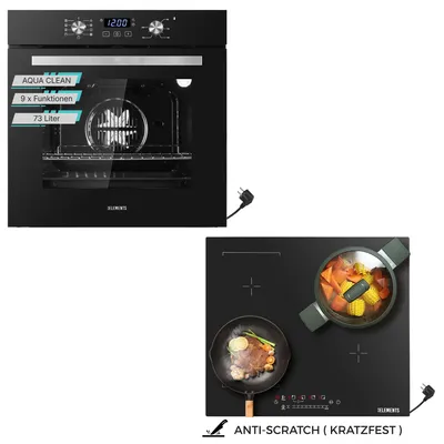 A collage showing a black built-in oven and a black induction cooktop.