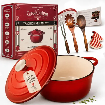 Produktbild von Gusseisen Bräter 26 cm – Dutch Oven & Emaille Schmortopf mit Deckel – Gusseisen-Topf und Emaille Topf für Induktion – Cocotte / Bräter & Schmortöpfe