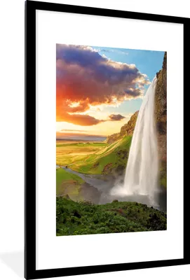 Produktbild von MuchoWow® Gerahmtes Poster Wasserfall - Felsen - Sonnenuntergang - Berge - Orange 60x90 cm - Poster mit Schwarzem Bilderrahmen Wandposter Rahmen Foto Bilder - Dekoration - Wandposter Wohnzimmer - Hochwertig