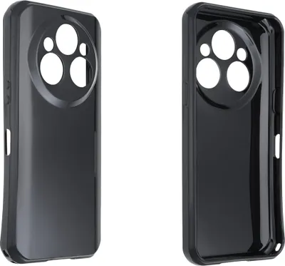 Two views of a black phone case, showing the front and back.