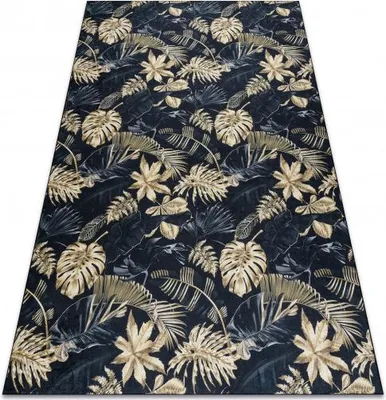 Produktbild von ANDRE 1311 Waschteppich Monstera-Blätter Anti-Rutsch - schwarz / gold Schwarz 80x150 cm