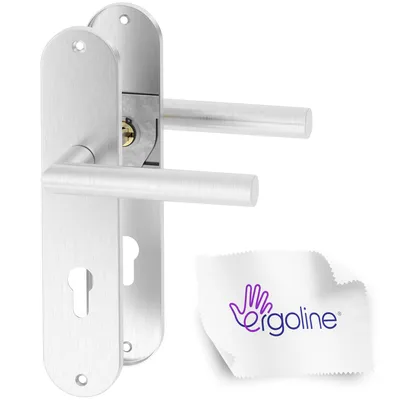Two door handles with escutcheons and a cleaning cloth with a logo.