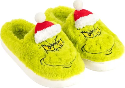 A pair of green Grinch-themed slippers with Santa hats.
