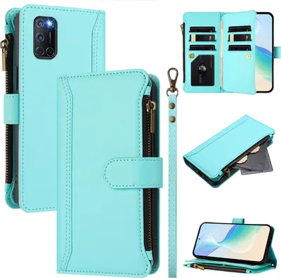 Image de Etui pour Oppo A52/A72 4G/A92, zippé, étui portefeuille en cuirPolyuréthaneavec pochettes pour cartes, support et dragonne vert menthe