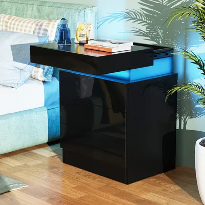 Image de Table de nuit avec éclairage LED avec 3 tiroirs 62x45x35cm noir