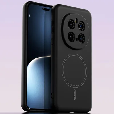 A black phone case with a camera module and a circular magnetic charging area is shown next to a smartphone.