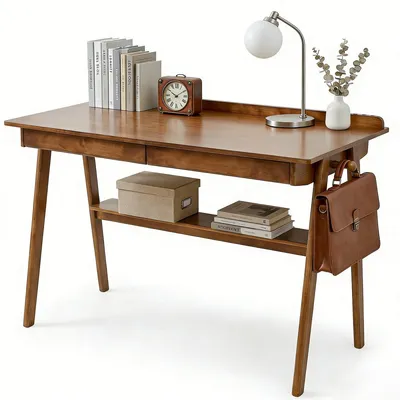 Zdjęcie produktu dla Biurko z litego drewna, biurko komputerowe z 2 szufladami, półka, styl Mid-Century Modern, orzech
