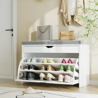 Imagen del producto de Zapatero con puertas, estante para zapatos, zapatero estrecho, banco con cojín, ajustable, para recibidor, 81 x 31 x 55 cm, (blanco)