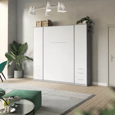 Produktbild von SMARTBett Wohnwand Set mit Schrankbett Standard 140x200 Vertikal + 2 x 50-Schränke Beton/Weiss