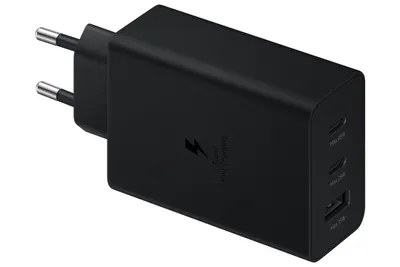 Produktbild von Samsung Ladegerät mit Schnellladefunktion, 65W, 3 Anschlüsse, feuerbeständiges PC-Material, Schwarz, 52x30x108,3mm, 155g, kompakt, für Kopfhörer, Netbook, Notebook, Smartphone, Smartwatch, Tablet, TRiO EP-T6530NBEGEU