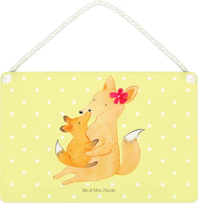 Produktbild von Mr. & Mrs. Panda Wandbild Holz Fuchs Mama DIN A4 - Gelb Pastell - Geschenk, Tochter, Mutter, Schoß, holzbild, kleine aufmerksamkeit, Holzschild, Schild, Umarmen