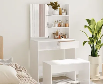 Produktbild von The Living Store Schminktisch mit Spiegel Hochglanz-Weiß 74,5x40x141 cm