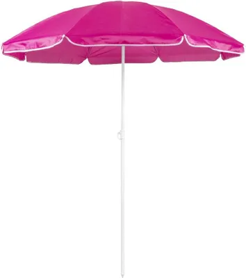 A pink beach umbrella with a white pole, shown against a white background.