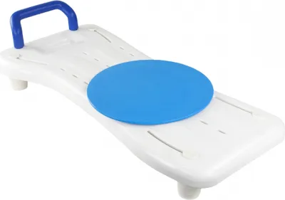 A white and blue bath transfer bench with a rotating seat.