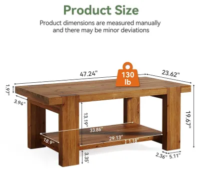 Produktbild von Couchtisch - Rechteckiger Couchtisch mit Ablage - 120 cm Massivholz - Rustikaler Landhausstil - Belastbar bis 160 kg - Wohnzimmertisch - Schokoladenbraun