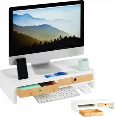 Produktbild von Stylový bílý monitorový stolek s úložnými zásuvkami - Relaxdays 55,5 x 27 x 12 cm, ideální pro váš pracovní stůl!