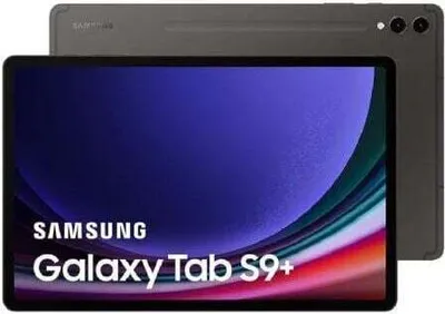 A Samsung Galaxy Tab S9+ 5G tablet is shown with its screen displaying a colorful abstract image. The back of the tablet is also visible.