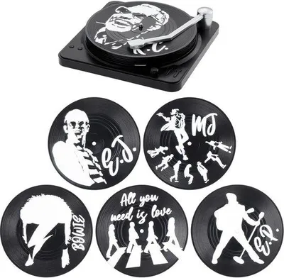 Produktbild von Vinyl-Plattenhalter-Set, Glasunterteller, schwarz, 6-teilig, für Kaffee, Tee und Bier