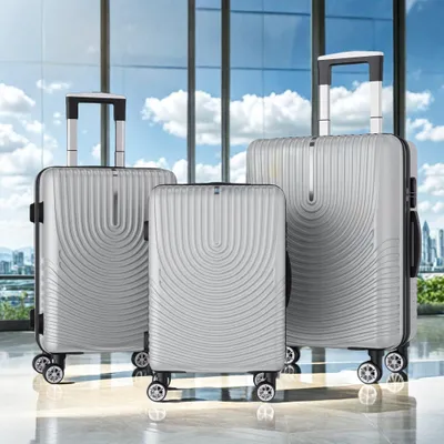 Immagine prodotto di Set di 3 valigie rigide in ABS argento da 20"/24"/28" - Bagaglio da cabina e da stiva, chiusura a codice, trolley telescopico, 4 ruote a 360°, bilancia per bagagli inclusa