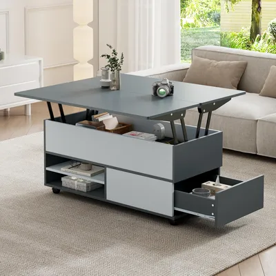 Image de MODFU Table Basse 100x98x65 cm - 1 Placard, 1 Tiroir, Rangement Semi-Ouvert - Gris