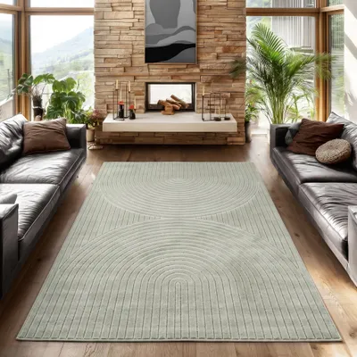 Produktbild von SIMPEX Kurzflor Teppich 240x340 cm XL Grün Wohnzimmer, Schlafzimmer, Küche, 3D Hoch-Tief-Effekt, Skandinavisch Boho Motiv, für Outdoor Bereich geeignet Terrassen oder im Balkon, KI-generiertes Bild