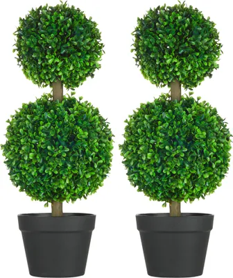 Produktbild von HOMCOM Sztuczne rośliny, zestaw 2 bukszpanów, 60 cm sztuczna roślina z podwójną kulą, odporna na promieniowanie UV roślina domowa, sztuczne drzewo, dekoracja roślinna do wnętrz, na zewnątrz, zielona